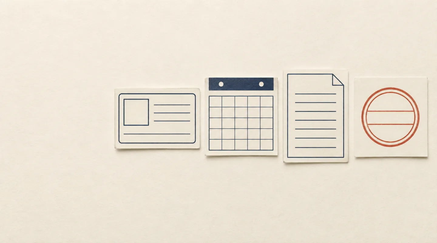 Quatre feuillets alignés, marqués chacun d’un pictogramme : une carte d’identité, un calendrier, un document réglé et un tampon