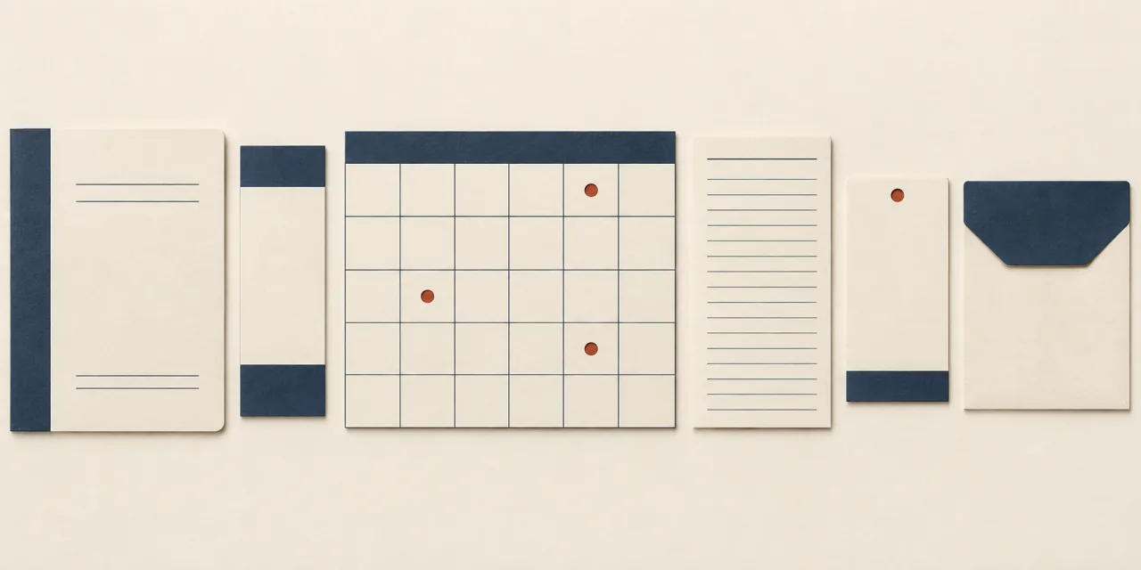 Une grille de calendrier dont trois cases seulement portent une pastille brique, entourée de papiers vierges