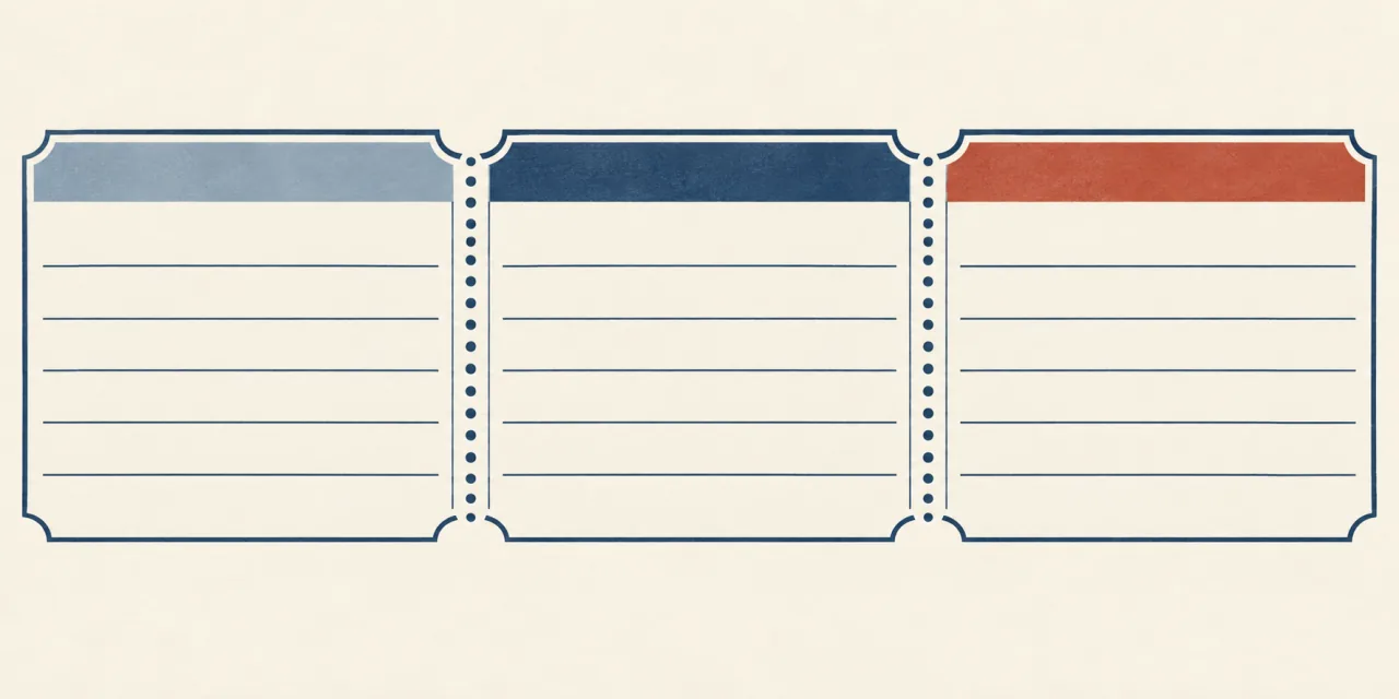 Trois billets attachés par des perforations, identiques sauf le bandeau supérieur : bleu clair, bleu foncé, brique