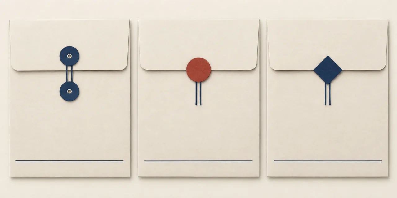 Trois pochettes identiques fermées chacune par un cachet de forme différente, celui du milieu en brique