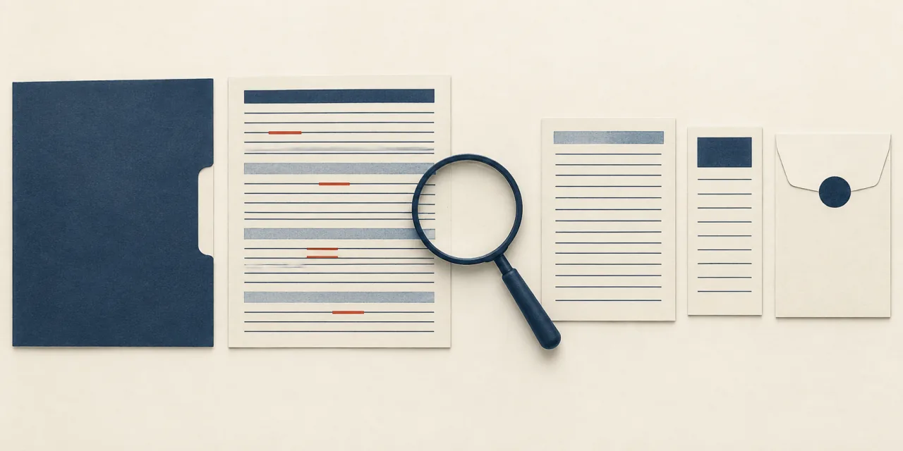 Une page réglée dont quatre lignes sont soulignées en brique, une loupe posée dessus, entre un dossier fermé et des feuillets vierges