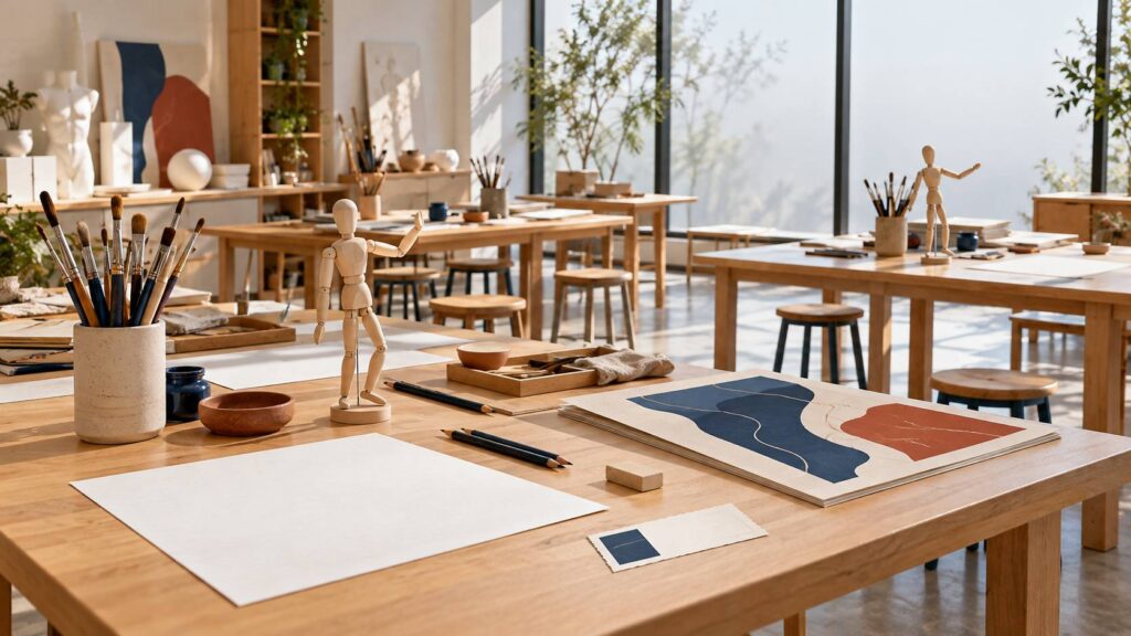 Salle d'atelier de médiation avec tables en bois et pinceaux