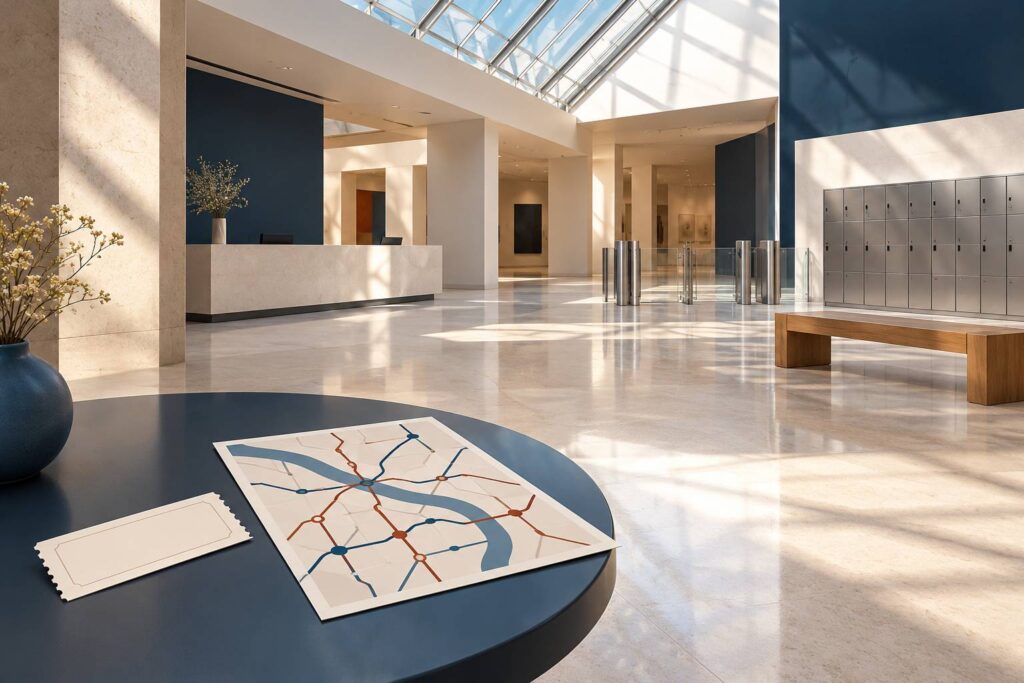 Hall de musée neutre avec comptoir d'accueil, casiers métalliques et banc en bois