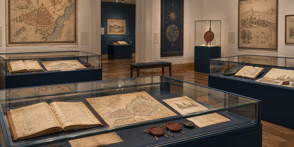 Salle d'exposition d'archives avec vitrines de registres anciens, cartes jaunies et sceaux de cire