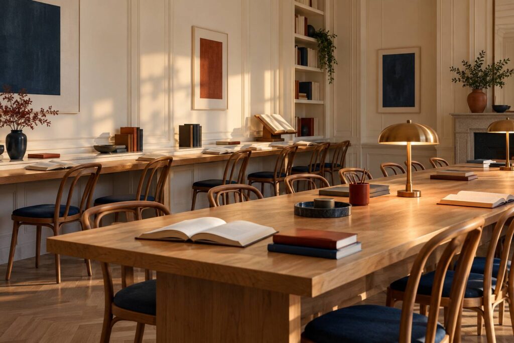 Salle de lecture avec des rangées de chaises en bois et des livres ouverts sur une table