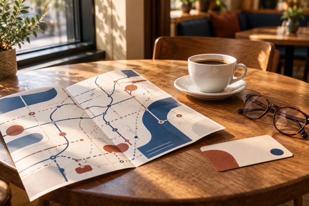 Table de cafe avec tasse, brochure pliee et billet cartonne neutre pres d'une fenetre
