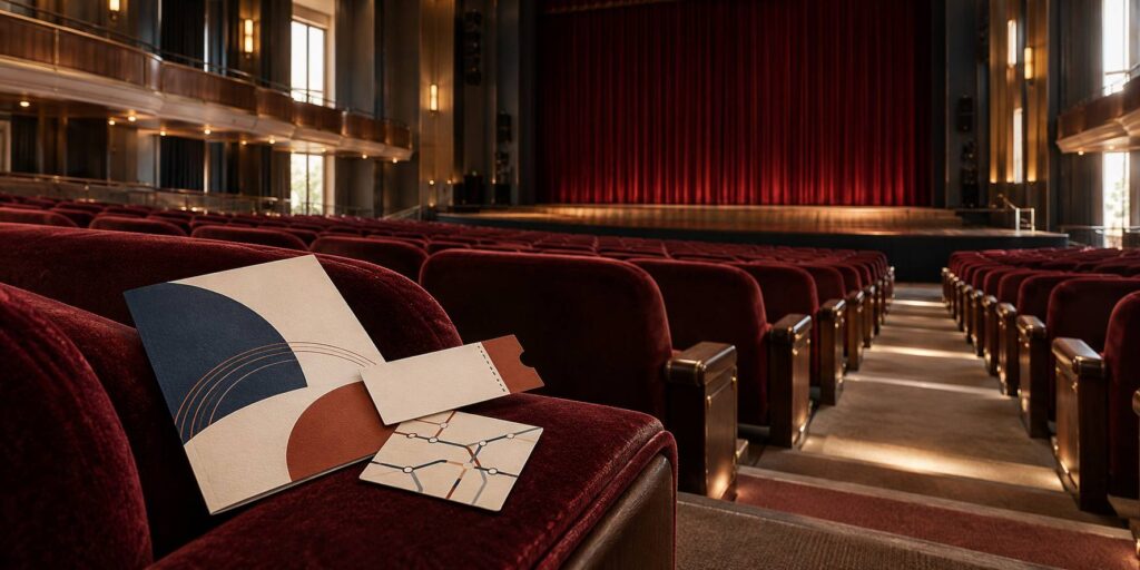 Salle de spectacle vide avec sièges grenat et scène en bois éclairée